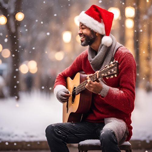 Jonge man met kerstmuts speelt gitaar in een winterse setting